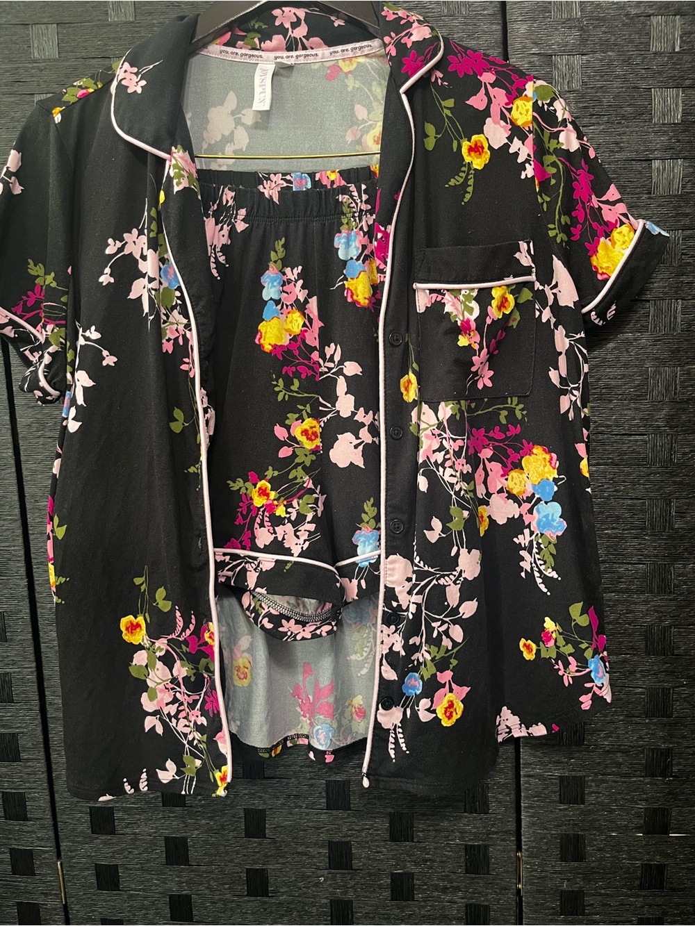 Joyspun black floral pajama shorts set with pink, yellow & blue flowers Size M